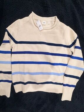 GAP  Cream Crewneck Sweater with Navy and Royal Blue Stripes